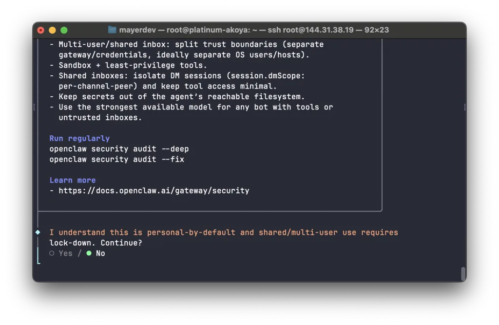 Предупреждение о безопасности в мастере OpenClaw