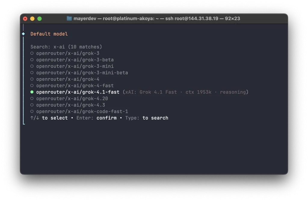 Выбор модели Grok 4.1 Fast
