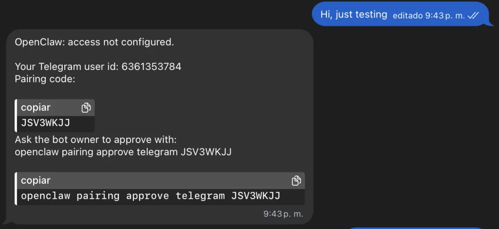 Первое сообщение боту OpenClaw в Telegram