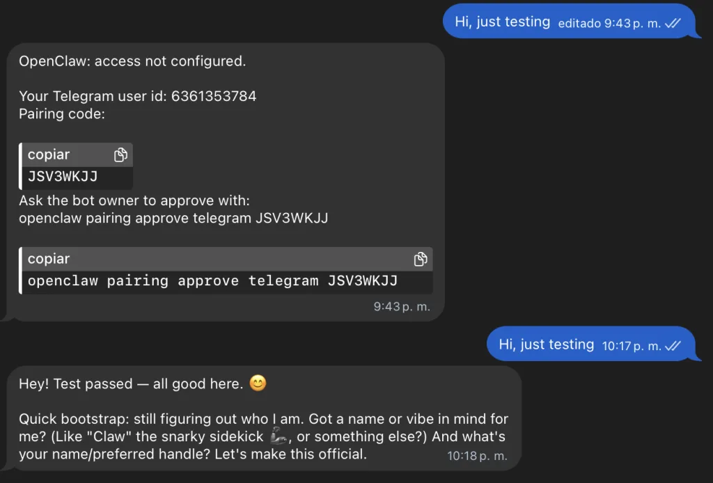 Ответ бота OpenClaw в Telegram